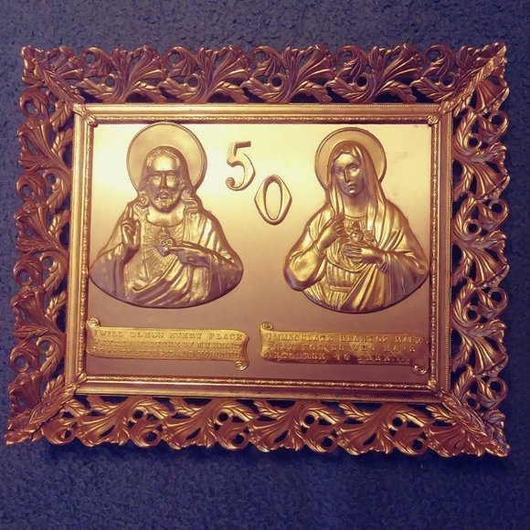 Immaculate Heart of Mary Golden Metal Wall Plaque Vintage Long Love Life - Picture 2 of 9